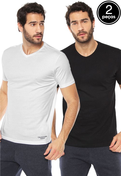 Kit 2pçs Camiseta Calvin Klein Underwear Logo Branco/Preto