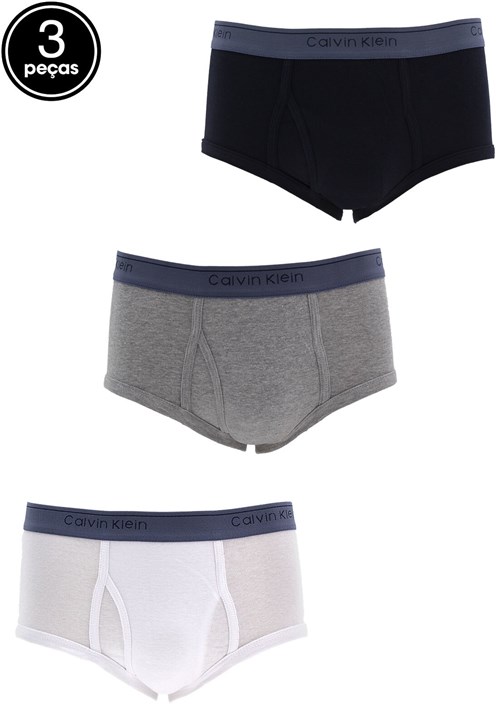 Kit 3pçs Cueca Calvin Klein Underwear Slip Logo Cinza/Branco/Azul-marinho