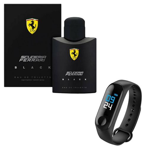 Kit Perfume Ferrari Black 200ml com Relógio Smartband M3 Lançamento