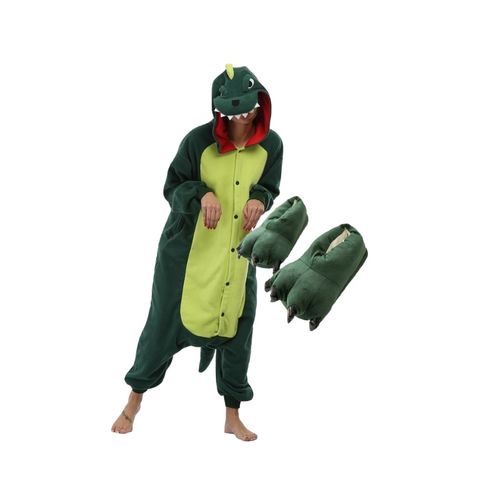 Tudo sobre 'Kit Pijama Kigurumi Dinossauro com Pantufa Pata Verde'
