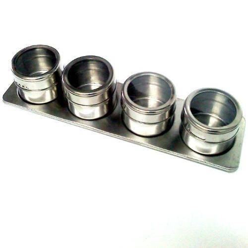 Kit Porta Temperos e Condimentos em Aço Inox Magnetico Metalizado 4 Pçs