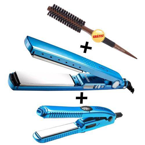 Tudo sobre 'Kit Prancha Chapinha Titanium Azul 450°f Mq Hair Profissional Própria para Escova Progressiva'