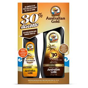 Kit Protetor Solar Bronzeador Australian Gold Spray Gel FPS 30 + Acelerador de Bronzeado Australian Gold Clear Dark Tanninml Spray - 237ml+125ml