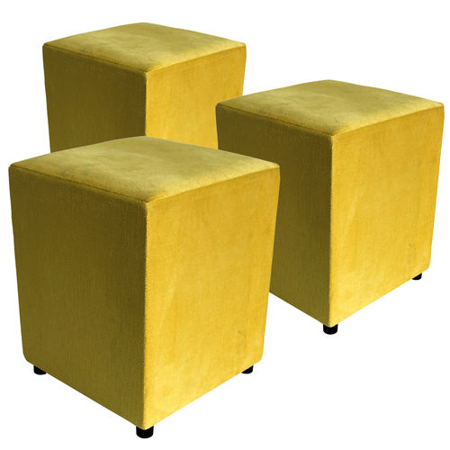 Kit 3 Puffs Decorativo Quadrado Suede Amarelo