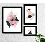 Kit 3 Quadros Decorativos Geométricos Triângulos Rosa