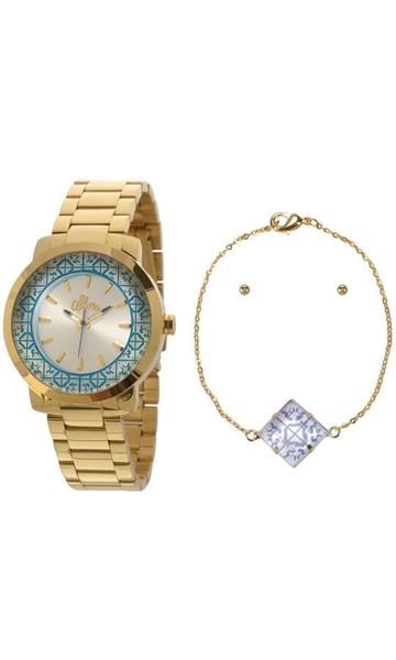 Kit Relógio Allora Feminino Dourado Azulejos AL2035EYZK4K