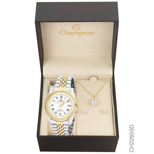 Kit Relógio Champion Prateado e Dourado Feminino Ch22859d + Brincos e Colar