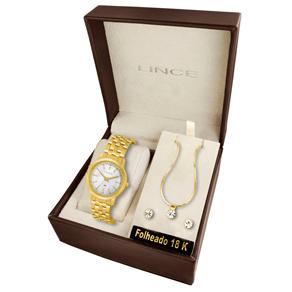 Kit Relógio Feminino Analógico Lince Fashion LRG4255L K069B1KX Dourado com Conjunto de Par de Brincos e Colar