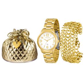 Kit Relógio Feminino Analógico Lince Fashion LRG4262LK072B2K Dourado e Pulseira