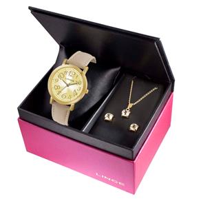 Kit Relógio Feminino Analógico Pulseira de Couro Lince LRC4303L K111C2TX - Bege/Dourado