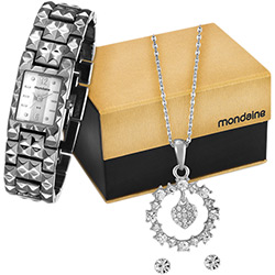 Kit Relógio Feminino Mondaine Analógico com 1 Conjunto Prata com Argola Coração 94741l0mvnm3k