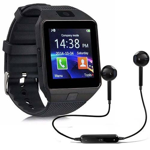 Kit Relógio Smartwatch Dz09 + Fone Bluetooth - Original Touch Bluetooth Gear Chip - Preta