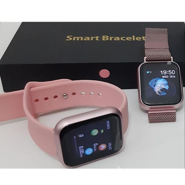 Kit Relógio Smartwatch Rose + 2 Pulseiras + Fone Bluetooth - Wf