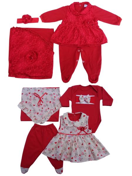 Tudo sobre 'Kit Saída de Maternidade Menina Macacão Renda + Saída 5 Peças Vestido Cor Vermelho - Whoshop'
