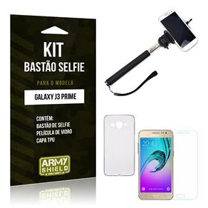 Kit Selfie Samsung J3 Prime Bastão Selfie + Capa Tpu + Película de Vidro -ArmyShield