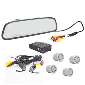 Kit Sensor de Estacionamento e Camera de Ré com Espelho Retrovisor Prata