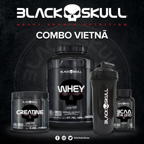 Kit Suplemento Vietnã 100% Whey + Creatina + Bcaa + Coqueteleira - Black Skull