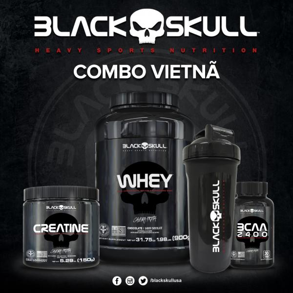 Combo Kit Suplemento Vietnã 2 100% Whey + Creatina + BCAA + Coqueteleira - Black Skull - Caveira Preta