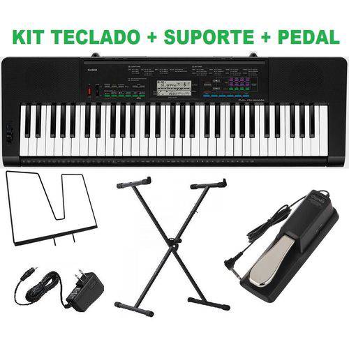 Tudo sobre 'Kit Teclado Digital Musical Ctk 3400 61 Teclas Sensitivas + Fonte + Suporte Teclado X + Pedal Susta'