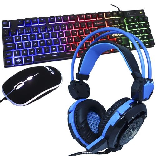 Kit Teclado Mouse Headset Gamer Computador Usb Abnt2 Iluminado Led Rgb Bk-g550 Gh-x30 Preto/azul