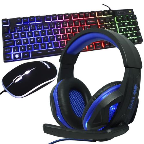 Kit Teclado Mouse Headset Gamer Computador Usb Abnt2 Iluminado Led Rgb Bk-g550 Kp-396 Preto/azul