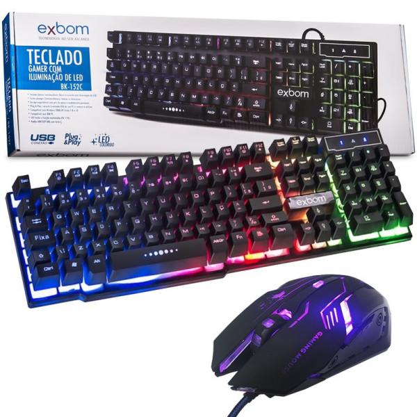 Kit Teclado Semi Mecânico + Mouse Gamer Profissional Usb Abnt2 Led Rgb Metal BK-152C GM-600 Preto - Exbom/infokit