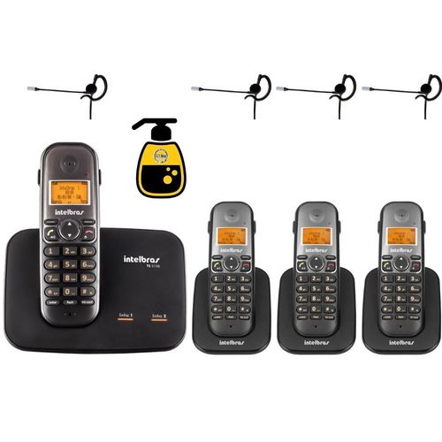 Kit Telefone Fixo Sem Fio 2 Linhas com 3 Ramal Bina Headset