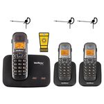 Kit Telefone Fixo Sem Fio 2 Linhas com 2 Ramal Bina Headset