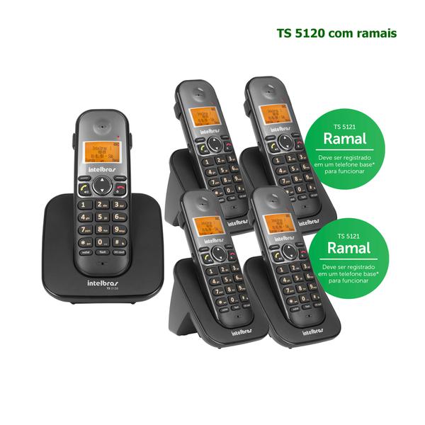 Kit Telefone Intelbras Bina/Viva Voz Sem Fio TS 5120 Preto + 4 Ramais TS 5121 Preto