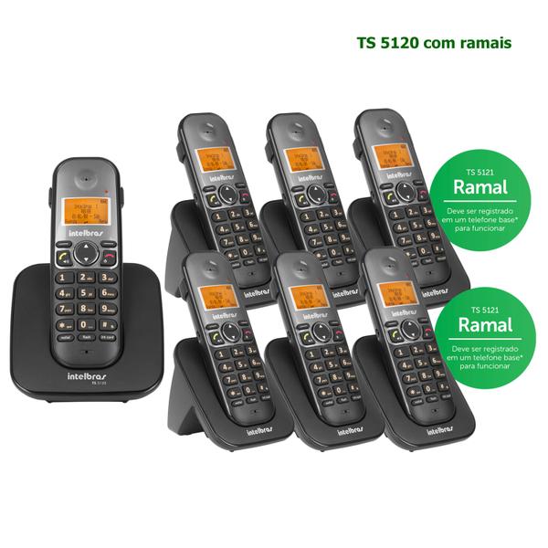 Kit Telefone Intelbras Bina/Viva Voz Sem Fio TS 5120 Preto + 6 Ramais TS 5121 Preto