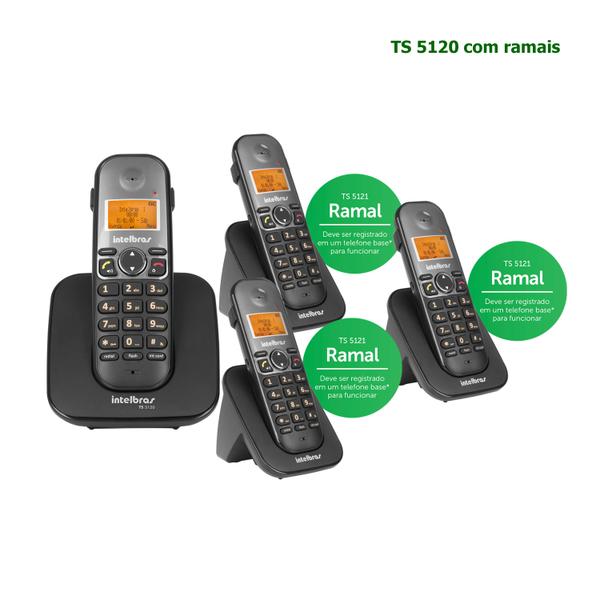 Kit Telefone Intelbras Bina/viva Voz Sem Fio Ts 5120 Preto + 3 Ramais Ts 5121 Preto