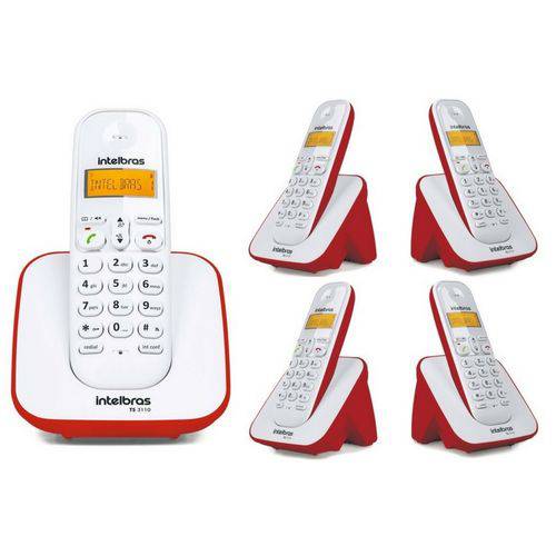 Kit Telefone Sem Fio Ts 3110 com 4 Ramal Adicional Intelbras Branco / Vermelho Dect 6.0