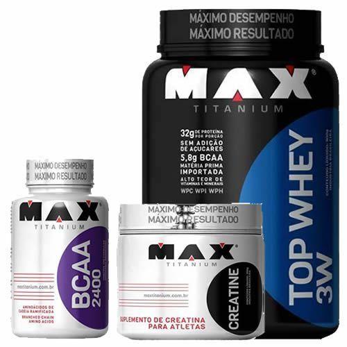 Kit Top Whey 3W 900g Mor + BCAA 2400 100 Caps + Creatina 150g - Max Titanium