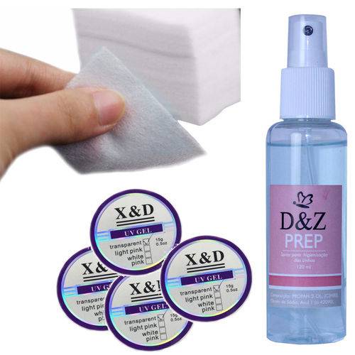 Tudo sobre 'Kit Unha Prep Higienizador D&z + 4 Gel Uv X&d Acrigel Gel Fibra + Algodão Japonês'
