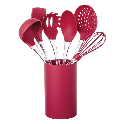 Kit Utensílios Euro Home 7 Peças Silicone C/ Cabo Acrílico Vermelho