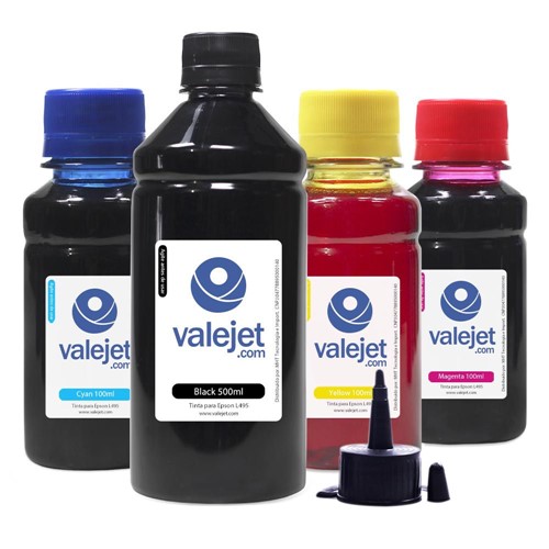 Kit ValeJet 4 Tintas para Epson L495 Black 500ml Color 100ml Corante