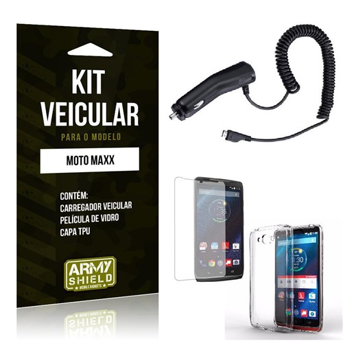 Kit Veicular Motorola Moto Maxx Película De Vidro + Capa Tpu + Carregador Veicular -Armyshield