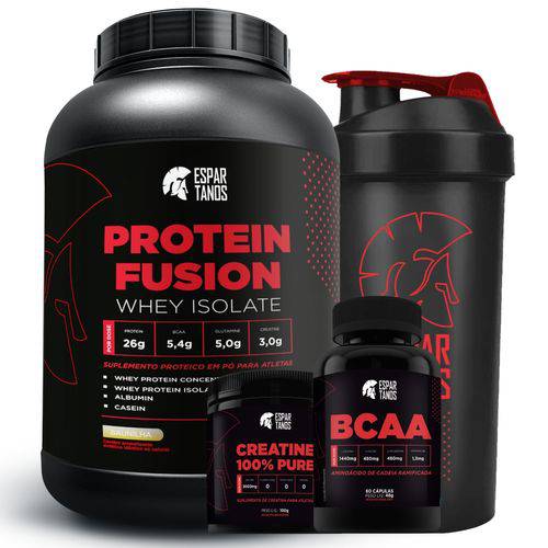 Tudo sobre 'Kit Whey Protein Fusion + Bcaa + Creatina + Shaker'