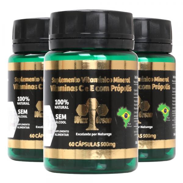 Kit 3x Vitaminas C e com Própolis 85% Extrato Seco (500mg) 60 Cápsulas - Wax Green