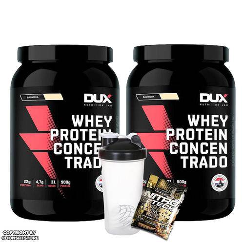 Tudo sobre 'Kit 2x Whey Protein Concentrado 900g - Dux Nutrition + Coqueteleira + Dose de Suplemento'