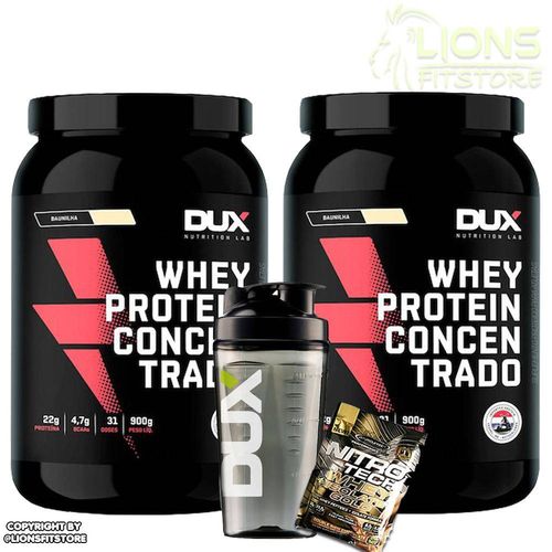 Kit 2x Whey Protein Concentrado 900g - Dux Nutrition + Shaker + Dose de Suplemento