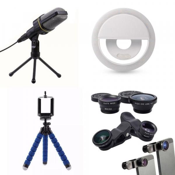 Tudo sobre 'Kit Youtuber 1 Microfone Condensador Luz Selfie Mini Tripe Lente Olho de Peixe - Ukimix'