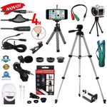 Kit Youtuber 10x1 Microfone Lapela + Extensão 4 Metros Tripé 1,30m para Câmera Celular + Mini Tripé