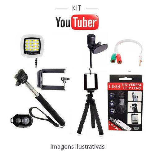 Kit Youtuber Básico 9x1 - Selfie, Controle Bluetooth, Tripé Flexivel, Microfone de Lapela, Flash