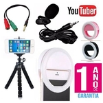 Kit Youtuber Microfone De Lapela Para Celular Smartphone + Flash Led Anel Recarregável + Mini Tripé