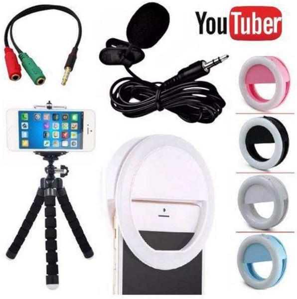 Kit Youtuber Microfone de Lapela para Celular Smartphone + Flash Led Anel Recarregável + Mini Tripé