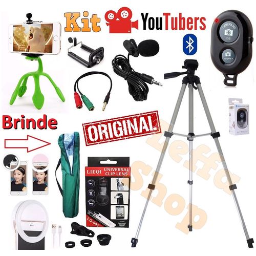 Tudo sobre 'Kit Youtuber Original Tripé 1,30m Profissional + Microfone de Lapela Universal para Iphone Android + Flash Ring Light + Kit Lentes + Mini Tripé + Controle Bluetooth'