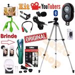 Kit Youtuber Original Tripé 1,30m Profissional + Microfone de Lapela Universal para Iphone Android + Flash Ring Light + Kit Lentes + Mini Tripé + Controle Bluetooth