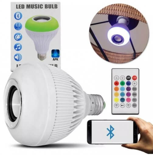 Lâmpada LED RGBW Bluetooth Caixa Som Musical Controle Remoto