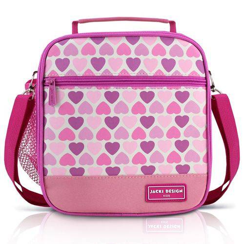 Lancheira Térmica Escolar Infantil Alça Ajustável 2 Compartimentos Menina Jacki Design Coração Rosa